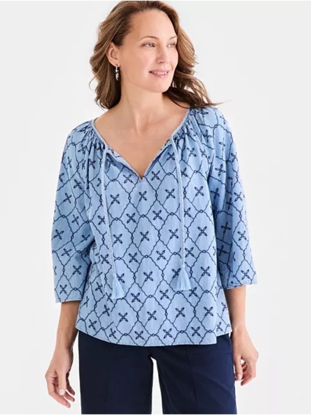 Style & Co Women's Chambray Split-Neck Embroidery Top NWT SIZE XL